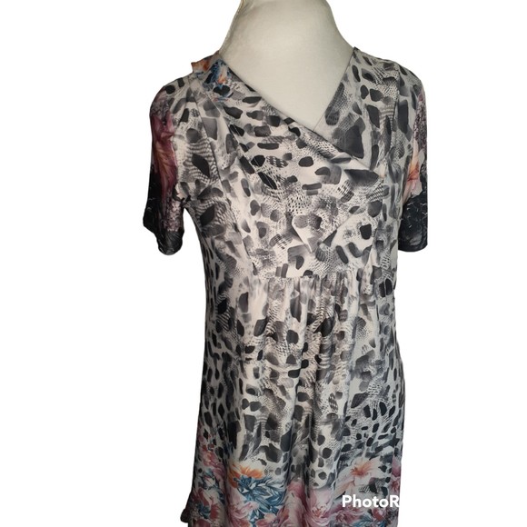 Simply Aster Tunic Top High Low Dress M Short Sleeves Pink Floral Leopard Print - Picture 2 of 8